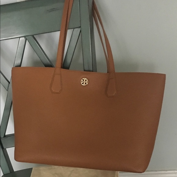 TORY BURCH LEATHER PERRY TOTE - BARK & GOLD - Picture 1 of 8